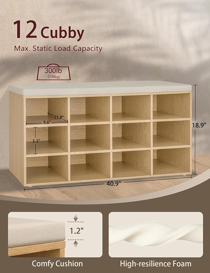 DINZI LVJ Shoe Storage Bench with Cushion, 12-Cubby Shoe Rack, Adjustable Shelves, 40.9" Long Shoe Organizer Bench for Entryway, Mudroom, Hallway, Garage, Natural and Cappuccino Beige-NeatNest