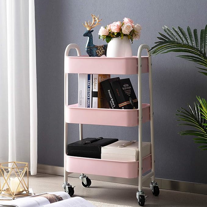 AGTEK Makeup Cart, Movable Rolling Organizer Cart, 3 Tier Metal Utility Cart, White - Pink-NeatNest