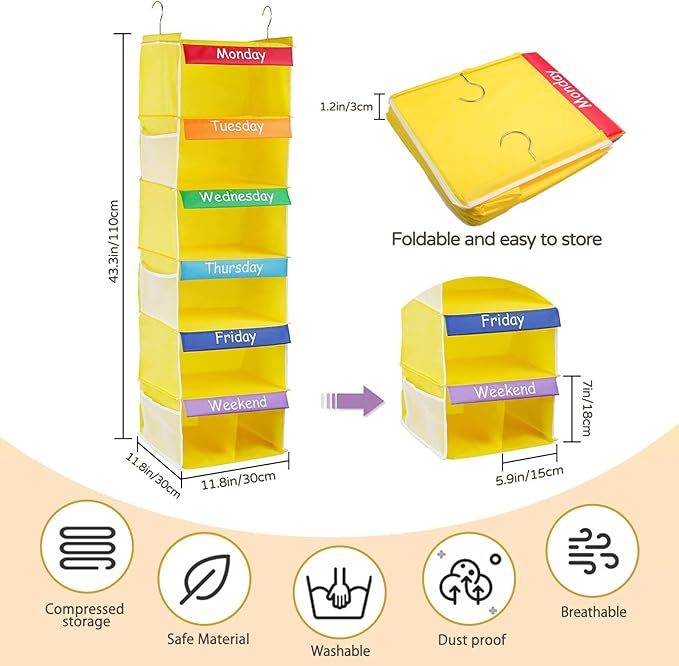 6-Shelf Weekly Closet Hanging Organizer for Kids, 7-Grid Days of The Week Baby Kids Clothing Organize Monday Through Sunday, Foldable Oxford Cloth Closet Clothes Organize Weekday (Yellow)-NeatNest