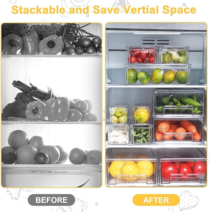 YINGRACE 7 Pack Fridge Organizer Bins, Stackable Refrigerator Organizers and Storage, With a Pull-out Drawer, BPA-Free Clear Containers For Fruit, Vegetable, Drinks