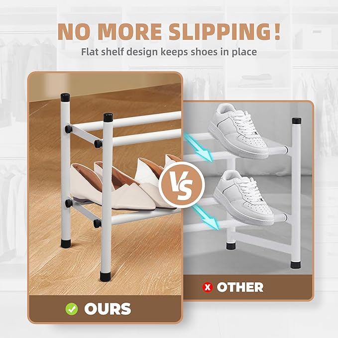 STORAGE MANIAC Expandable Shoe Rack, 8 Pairs Stackable Small Shoe Rack, Metal Adjustable Shoes Organizer for Closet, Entryway, Hallway, Garage, Front Door, Shoes Shelves, White 2 Tier-NeatNest