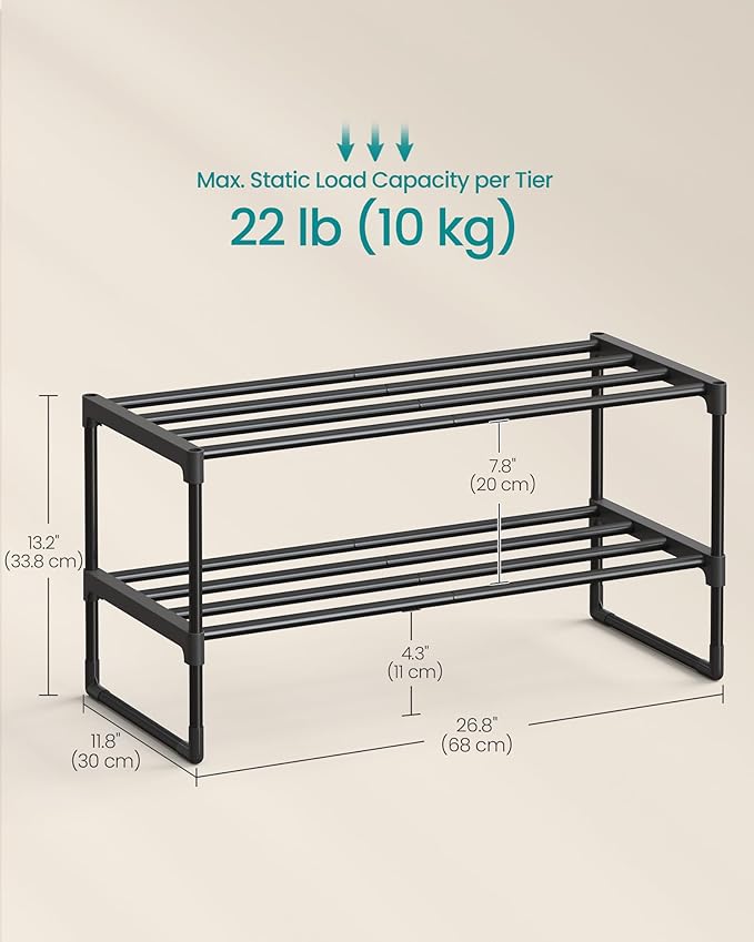SONGMICS Shoe Rack, 2-Tier Shoe Organizer, Metal Storage Shelf, Upright or Upside Down, for 6-9 Pairs, Stackable, for Entryway, 11.8 x 26.8 x 13.2 Inches, Black ULSA202B01-NeatNest