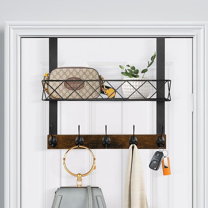 YINMIT Over The Door Hooks Organizer with Basket, Over The Door Towel Rack with 5 Metal Hooks, Door Hangers for Clothing, Over Door Hanger for Bathroom, Bedroom, Kitchen