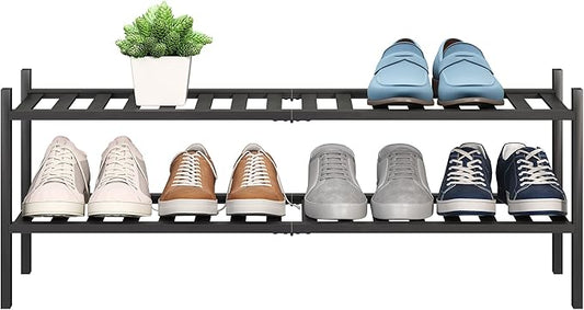 BMOSU 2-Tier Bamboo Extended Shoe Rack Premium Stackable Shoe Shelf Storage Organizer for Hallway Closet Living Room Entryway Organizer (Black Bamboo)-NeatNest