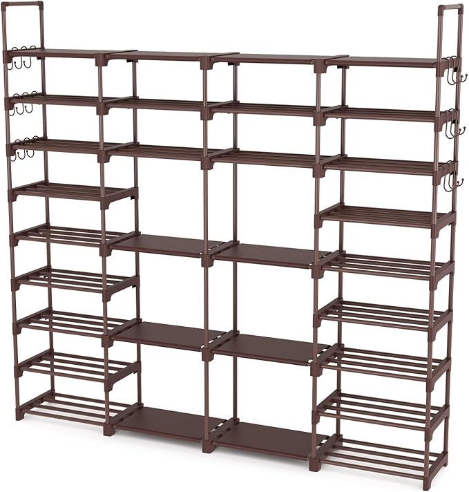 ROJASOP Large Shoe Rack Organizer for Entryway Closet 64-68 Pairs 9-Tier Heavy Duty Tall Garage Shoe Rack Shoe Shelf Shoes Storage with 18 Pcs Removable Side Hooks for Bedroom and Garage Brown-NeatNest