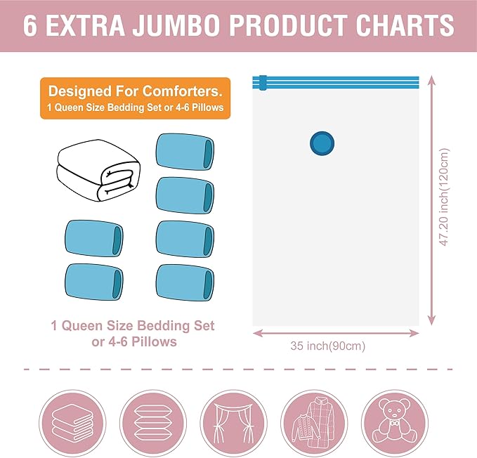 6 Pack XXL Jumbo Vacuum Storage Bags, Extra Large Vacuum Seal Bags for Comforters, Bedding, Blanket Storage, Giant Space Saver Bags for Huge Stuffed Toy (47.2x35 in)-NeatNest