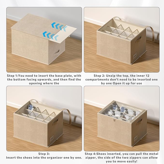 2 Pack Shoe Organizer for Closet - Shoe Storage Bins with Clear Cover, Fabric Shoe Storage Containers with Reinforced Handles, Fits up to 24 Pairs (Beige, 16.5 * 12.6 * 12.2in)-NeatNest