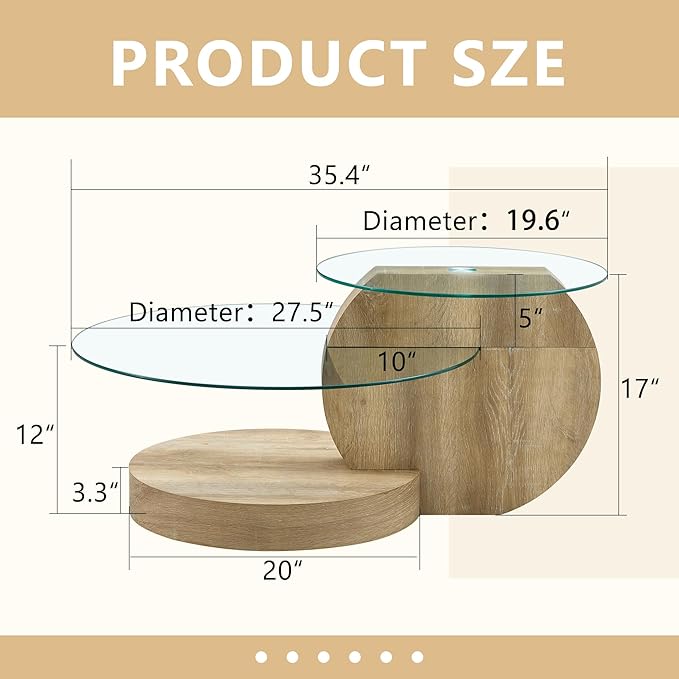 Glass Coffee Tables Round Coffee Tables for Living Room Modern 3 Tier Round Table Circle Coffee Table for Small Space Home Office (35.4 Inch Light Wood)