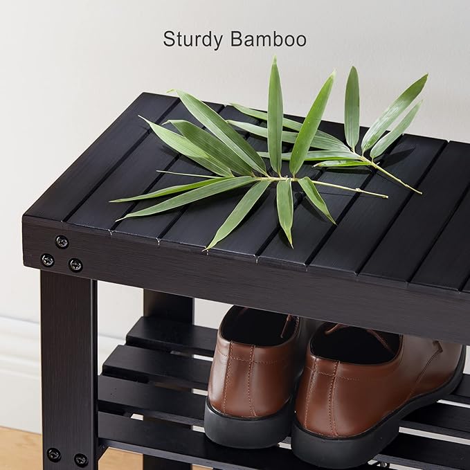 Pipishell Bamboo Shoe Rack Bench, 3 Tier Sturdy Shoe Organizer, Storage Shoe Shelf, Holds up to 300lbs for Entryway Bedroom Living Room Balcony, Black-NeatNest