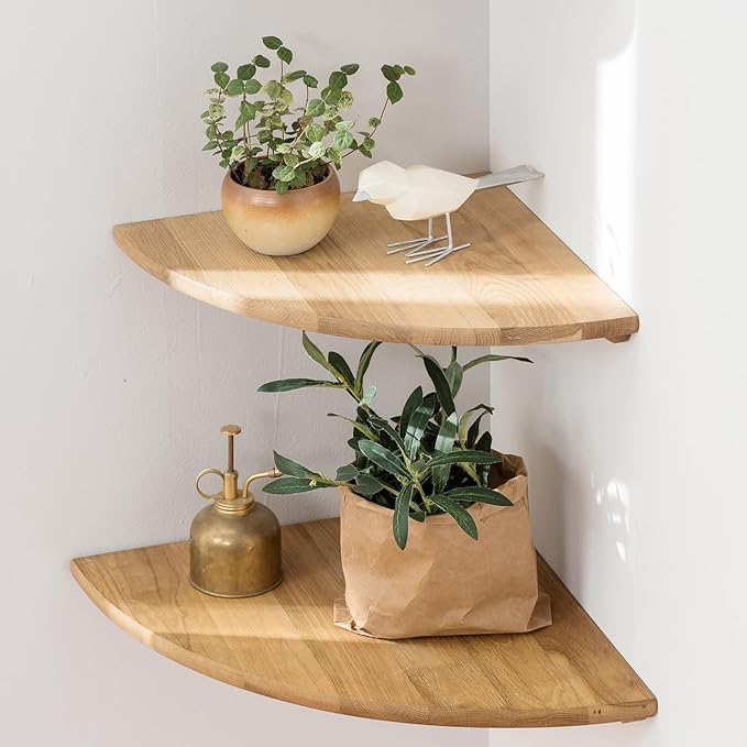 Corner Shelves, Floating Corner Shelf, Set of 2 10inch Solid Oak Wood Corner Wall Shelves, Round End Wall Mount Display Shelf with Wire Hole for Bedroom Kitchen, Living Room-NeatNest