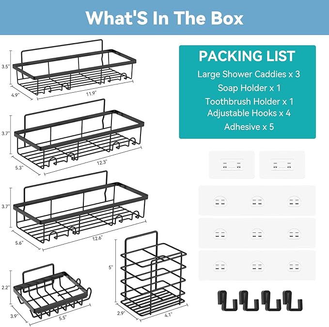5 Pack Shower Caddy, Adhesive Organizer for Bathroom & Kitchen, Large Capacity Rustproof Stainless Steel Shelves No Drilling