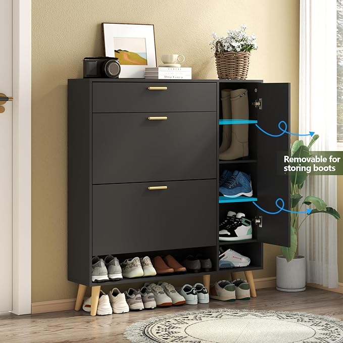 Shoe Storage Cabinets, 16 Pairs Free Standing Shoe Organizer with 2 Flip Drawers for Entryway, Narrow 3 Tier Entryway Hidden Shoe Rack with Doors (Upgraded Black)-NeatNest