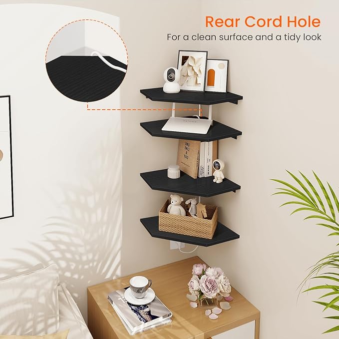 Homode Corner Floating Shelves, Corner Shelves Wall Mounted with Cord Hole, 4 Tier Diamond Shape Corner Hanging Shelving for Wall Storage, for Cable Box, TV Cords, Books, Plants, Black-NeatNest