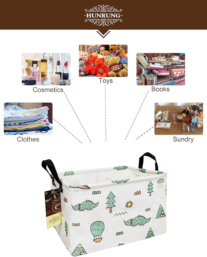 HUNRUNG Rectangle Storage Basket Cute Canvas Organizer Bin for Pet/Children Toys, Books, Clothes Perfect for Rooms/Playroom(REC-Green-Pine Dinosaur)
