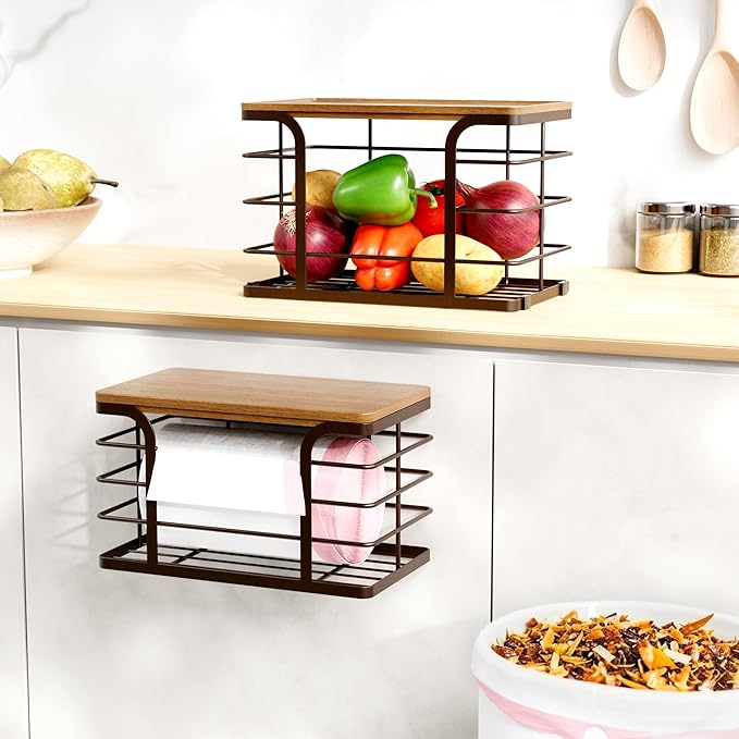 2 Pack Storage Stackable Kitchen Laundry Pantry Organizers,Wall Mount Trash Bag Holder Dispenser with Bamboo Top Countertop Organizer,Brown-NeatNest