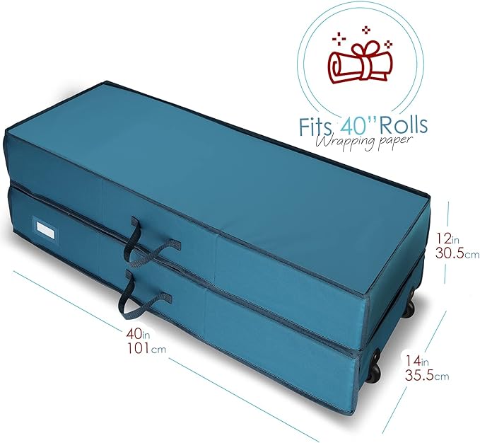 Hearth & Harbor Wrapping Paper Storage Container with Ribbon Dispenser and Interior Pockets - Large Christmas Storage Containers with Wheels, Fits 30 Rolls of 40" Length, Blue-NeatNest
