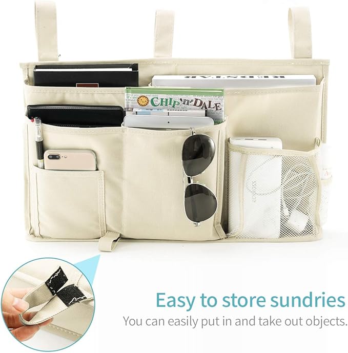 Bseash Bunk Bed Organizer, Bedside Caddy Hanging Bed Organizer Storage Bag 8 Pockets, for College Dorm Rooms Bed, Hospital Bed, Baby Bed Rails, 600D Oxford Cloth (Beige)-NeatNest