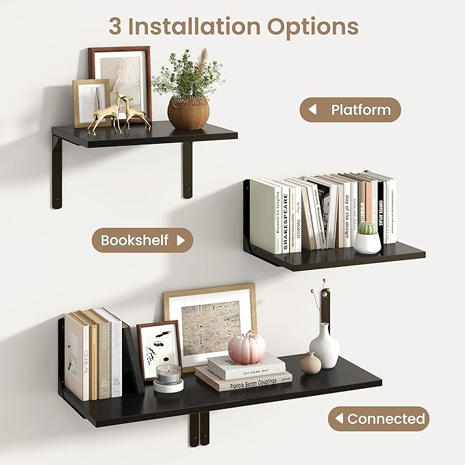 Fun Memories Floating Shelves for Wall, 12 Inch Deep Floating Shelves Set of 2, Wall Mounted Shelf with Metal Brackets, Rustic Wood Wide Shelf for Bathroom, Kitchen and Living Room, Black, 16W x 12D-NeatNest