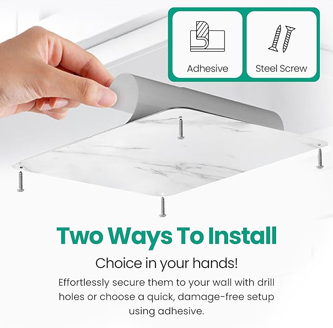 9 inches x 6.5 inches Stainless Steel Plate for Magnets, 3M Adhesive Back, Mounting Screws, Ideal for Magnetic Shelf, Spice Holders, Fridge Magnets. Mount Anywhere! (Carrara Marble, 2 Pack)