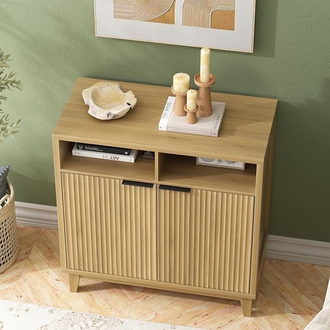 Buffet Cabinet with Storage - Elegant Fluted Storage Cabinet with Adjustable Shelves and Solid Wood Leg, Modern Buffet Sideboard for Living Room, Dining Room, Entryway-NeatNest