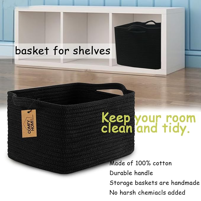 COMFY-HOMI Storage Basket for Shelves, Woven Baskets for Storage, Cotton Rope Basket,Toy Storage Organizer, Storage Cube Bin, Organization and Storage, Towel Baskets for Gift Empty, All Black-NeatNest
