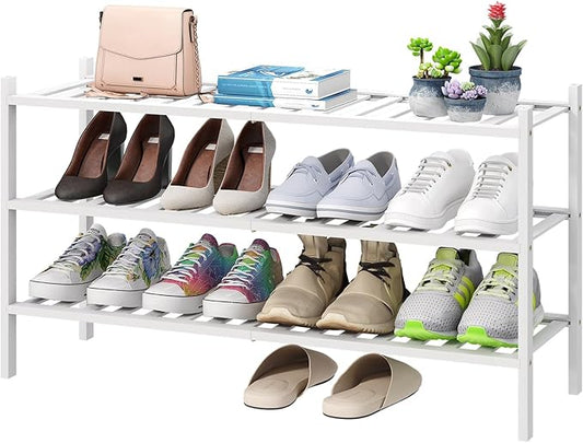 3-Tier Long Shoe Rack, Bamboo Wood Shoe Rack for Closet, Entryway & Hallway, Stackable White Shoe Shelf Storage Organizer for Indoor Outdoor-NeatNest