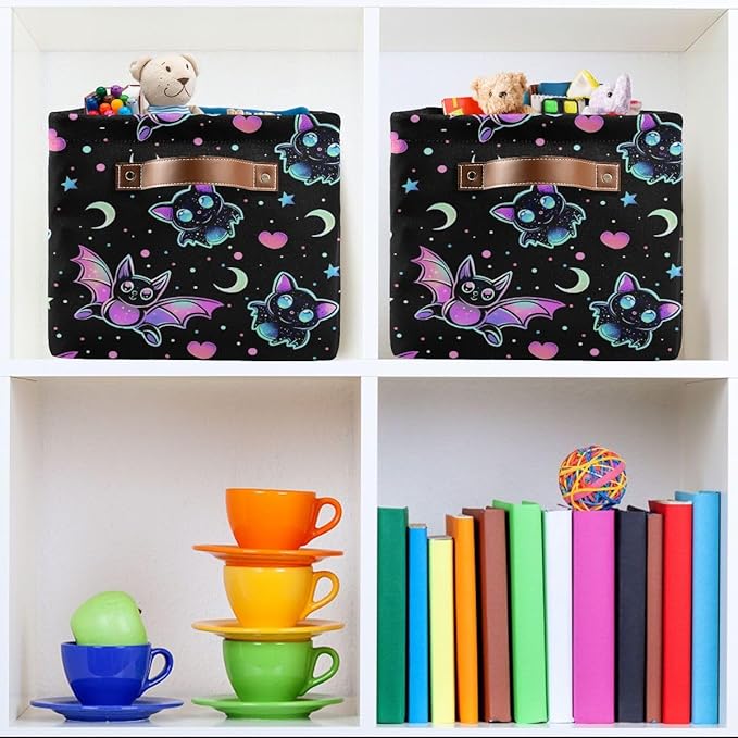 Gradient Bat Pattern Storage Basket,Large Storage Bin Fabric Collapsible Organizer Bag with Handles 15x11x9.5 inch-NeatNest