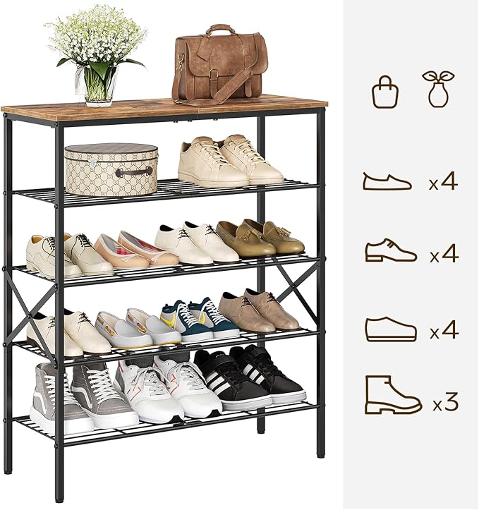 5-Tier Shoe Rack, Shoe Storage for Entryway and Closet, Free Standing Shoe Organizer with Metal Mesh Shelves, 16-20 Pairs of Shoes, Rustic Brown and Black SS05BR-NeatNest