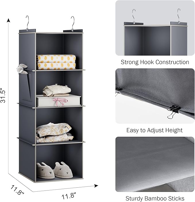 Hanging Closet Organizer, 4-Shelf Closet Hanging Storage Shelves, Grey-NeatNest