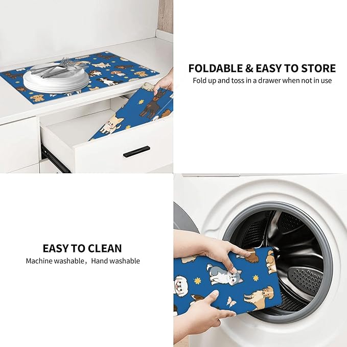 Cute Puppy Dog Dish Drying Mat 18 x 24 Inch for Kitchen Counter Cute Kitchen Mat Microfiber Kitchen Countertop Absorbent Reversible Drainer Rack Pad Dish Drying Mat-NeatNest