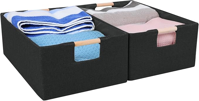 ANMINY 2PCS Storage Baskets for Organizing Collapsible Fabric Storage Bins Boxes with Wood Handles Closet Shelves Cube Organizer Bins Clothes Laundry Storage Container - Medium, Black-NeatNest