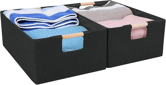 ANMINY 2PCS Storage Baskets for Organizing Collapsible Fabric Storage Bins Boxes with Wood Handles Closet Shelves Cube Organizer Bins Clothes Laundry Storage Container - Medium, Black-NeatNest
