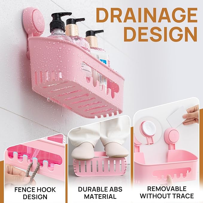 LEVERLOC Shower Caddy Suction Cup 2 Pack, Shower Organizer Removable Bathroom Shelf, Storage Suction Powerful Max Hold 22lbs Bathroom Caddy Waterproof Holder, Pink-NeatNest