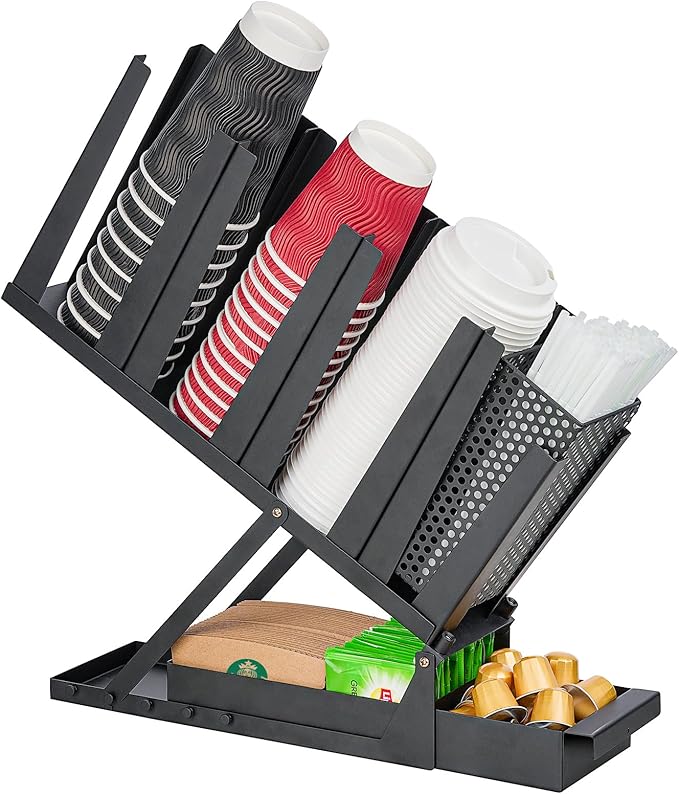 Coffee Cup Dispenser, Cup and Lid Holder for Countertop, 5 Compartment All Metal Paper Cups Lids Straw Pods Sleeves Holder, Coffee Station Bar Organizer
