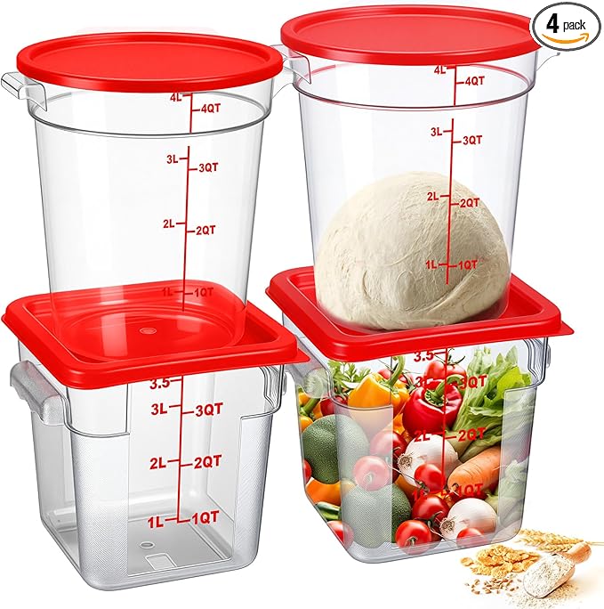 4 Pcs Food Storage Container with Lids Set 4 Qt Square and Round Clear PC Commercial Containers with Scale Handle for Home Restaurant Kitchen Food Storage, Dough Rise, Flour(Red)