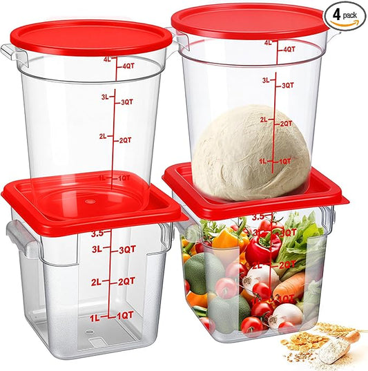 4 Pcs Food Storage Container with Lids Set 4 Qt Square and Round Clear PC Commercial Containers with Scale Handle for Home Restaurant Kitchen Food Storage, Dough Rise, Flour(Red)