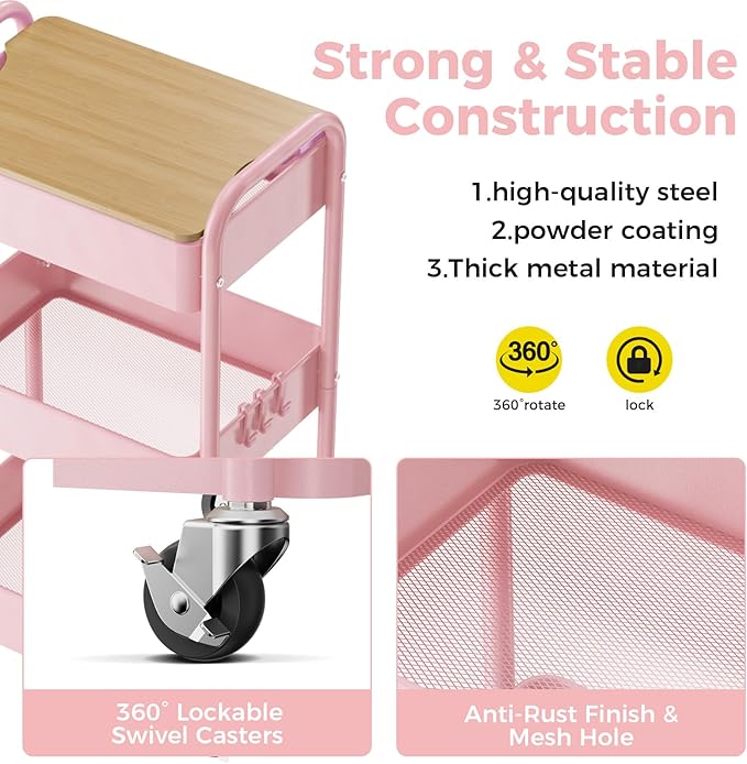 3 Tier Rolling Cart with Table top, Metal Rolling Utility Cart, Sturdy Storage Organizer Cart with Locking Wheels & Hooks for Office, Classroom, Kitchen and Bathroom，Pink-NeatNest