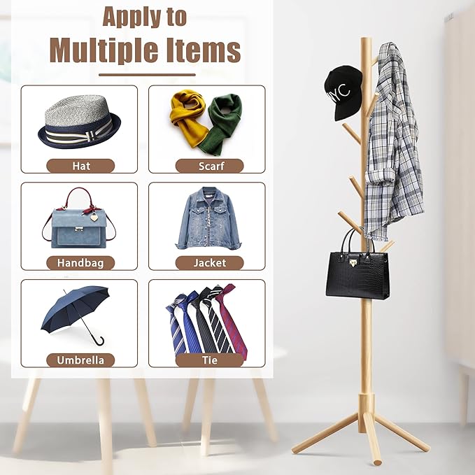 Haddockway Wooden Coat Rack Stand with 8 Hooks New Zealand Pine 3 Adjustable Coat Standing Tree Easy Assembly for Coats, Hats, Scarves and Handbags for Entryway, Hallway, Bedroom, Office-NeatNest