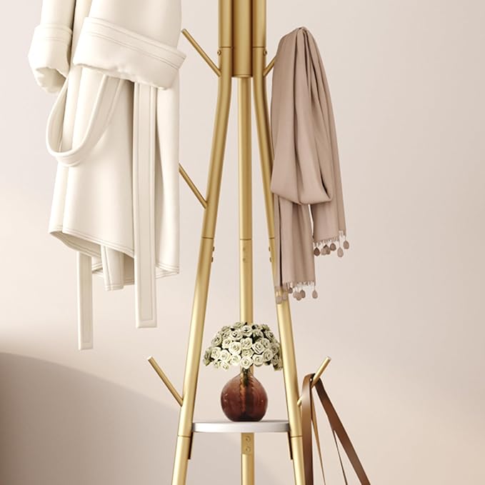 HOMEFORT Coat Rack, Coat Hanger Stand with 2 Shelves, Freestanding Hall Tree, Metal Hat Hanger with 12 Hooks for Clothes Hats and Scarves (Gold)-NeatNest
