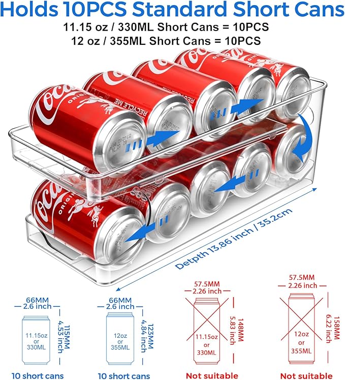 2 Pack Rolling Soda Can Organizer for Refrigerator Can Dispenser for Beer Soda Seltzer Pop Can Soda Organizer for Fridge 10 Standard Size 11.15oz, 12oz, 330ML, 355ML Cans Holder Storage