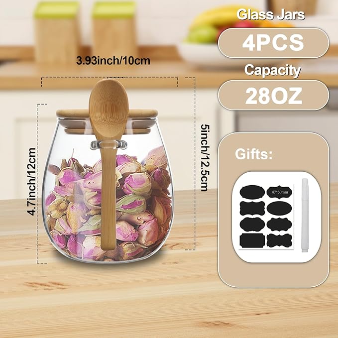 Clear glass storage containers, 28oz food storage jars, Set of 4, wide mouth, with spoons, for food storage, candy, coffee, biscuits, rice, sugar, tea, cereals, dried fruits, etc (Middle 4PCS)-NeatNest