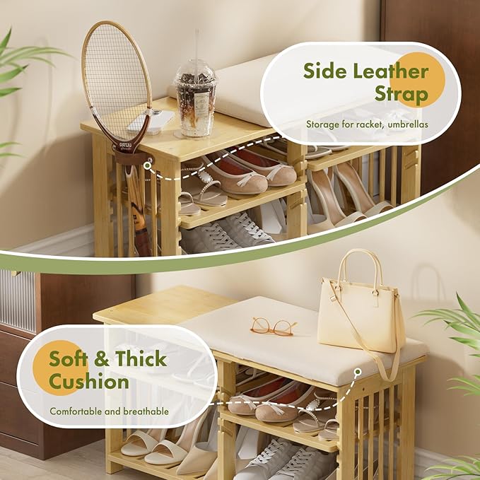 Amazer Bamboo Shoe Rack Bench, 3-Tier Shoe Bench Height Adjustable, Entry Bench with Side Storage Strap, Shoes Organizer Storage Bench, Shoe Shelf with Seat Cushion for Entryway, Living Room, Hallway-NeatNest