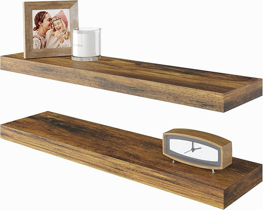 BAMEOS Floating Shelf,Wall Shelf,Decor Wall Mounted Shelves,Hanging Shelf Set L24xW6 for Bathroom Kitchen Living,Kitchen,Room Bedroom Storage, Rustic Brown-NeatNest