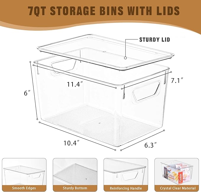 6 Pack Clear Storage Bins with Lids, 7 Quart Stackable Storage Boxes for Storage and Organization, Plastic Storage Containers with Lids, Plastic Bins with Handles for Office, Bedroom, Study Room-NeatNest