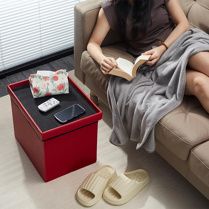 AmasSmile Storage Ottoman Folding Foot Rest Stool, Leather Footstool Bench, Short Ottoman Stool, Storage Foot Rest Store, Books (Red, 17" D x 13" W x 13" H)-NeatNest