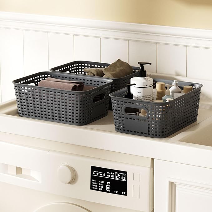 6-Pack Stackable Storage Bins with Bamboo Lids, Small 5 Qt Decorative Plastic Storage Baskets Boxes Containers with Labels for Organizing Shelves Classroom Closet Office Bathroom, Grey-NeatNest