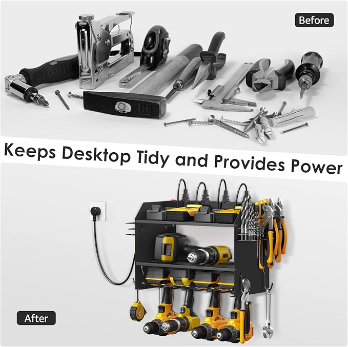 CCCEI Modular Power Tool Organizer Wall Mount with Charging Station. Garage 4 Drill Storage Shelf with Hooks, Screwdriver, Drill Bit Heavy Duty Rack, Tool Battery Holder Built in 8 Outlet Power Strip.-NeatNest