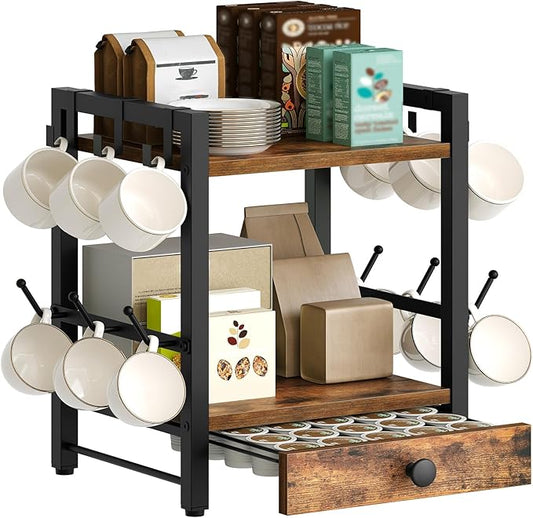 3-Tier Coffee Mug Holder with 12 Hooks, Coffee Bar Organizer, 25 Pods Capacity, Versatile Desktop Storage Rack, Space-Saving, for Kitchen, Living Room, Rustic Brown and Black MH01BR-NeatNest
