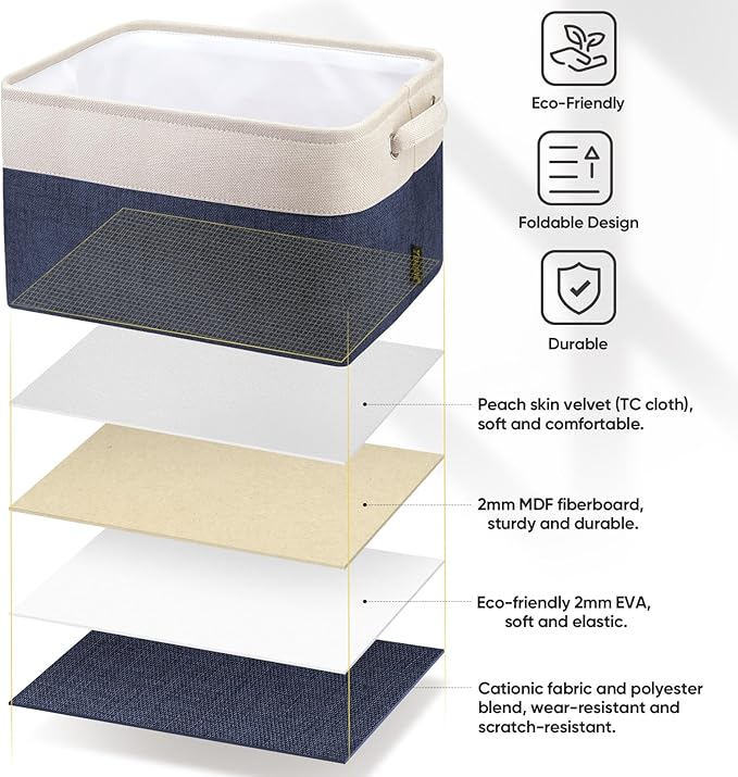 BALEINE 2 Pack Fabric Storage Bins for Shelves, Linen Storage Baskets for Organizing, Decorative Closet Bins for Clothes, Home (Navy Blue, 12"x8"x8")-NeatNest
