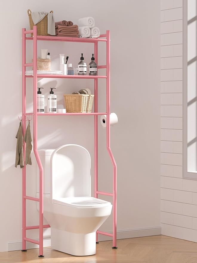 3-Tier Over The Toilet Storage, Space Saver Metal Bathroom Shelves, Freestanding Above Over Toilet Storage Shelf with 4 Hooks for Bathroom, Pink-NeatNest